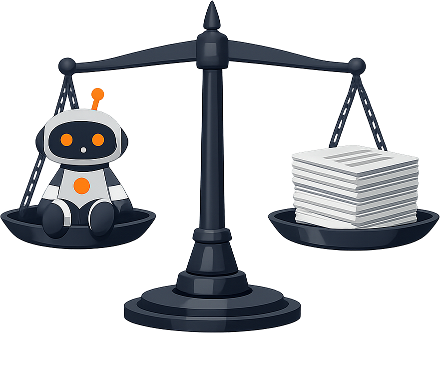 Symbolbild: Waage mit Roboter und Gesetzestexten - EU AI Act