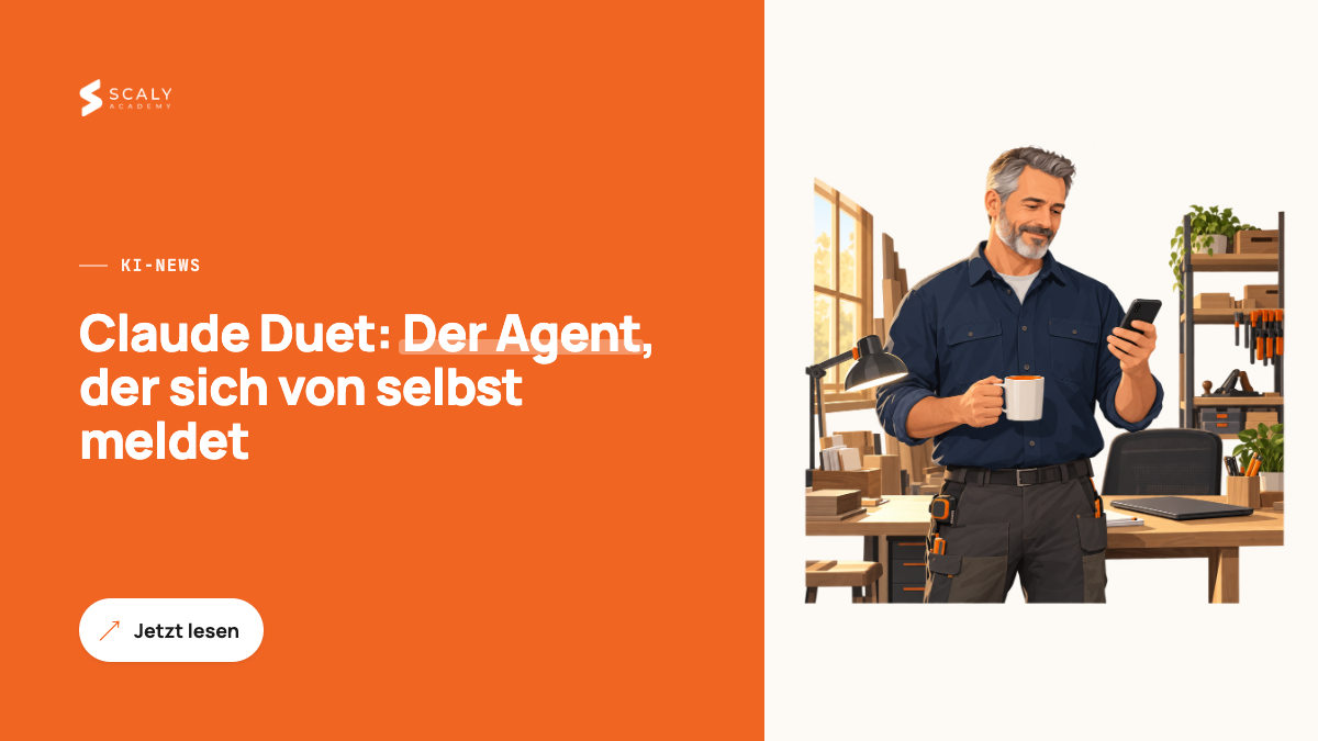 Inhaber einer kleinen Schreinerei liest morgens eine Benachrichtigung auf dem Smartphone, Titel: Claude Duet - Der Agent, der sich von selbst meldet