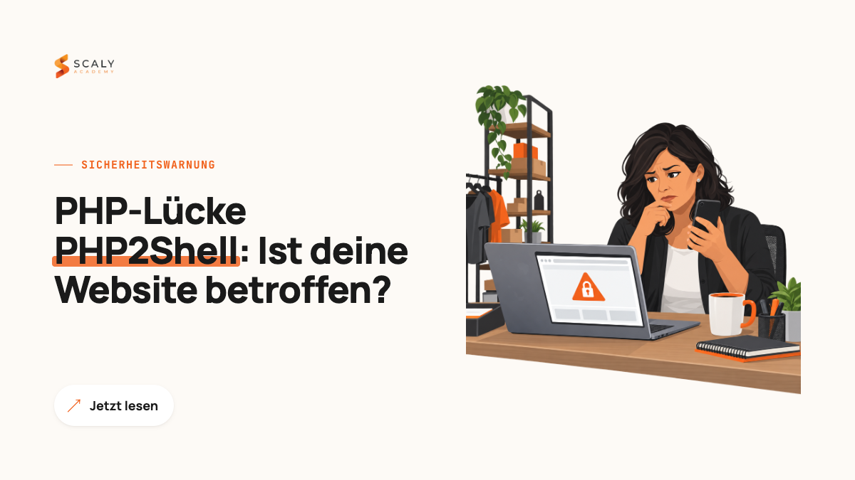 Inhaberin eines kleinen Ladens sieht besorgt auf eine Sicherheitswarnung auf ihrem Laptop, Titel: PHP-Lücke PHP2Shell - Ist deine Website betroffen?